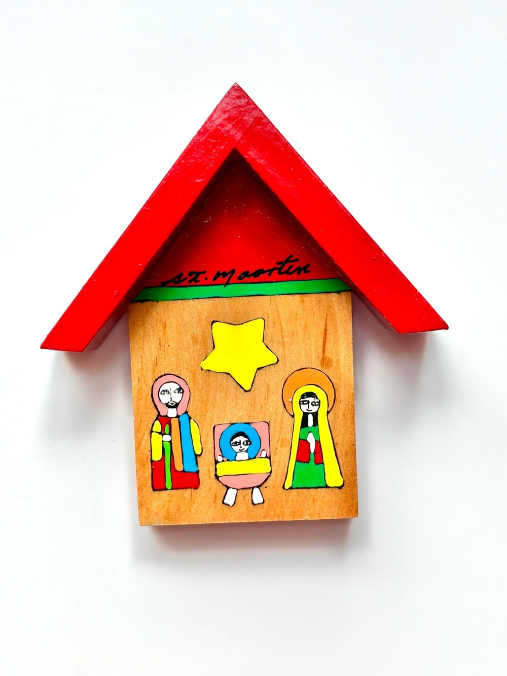 Vintage hand-painted wooden nativity scene ornament